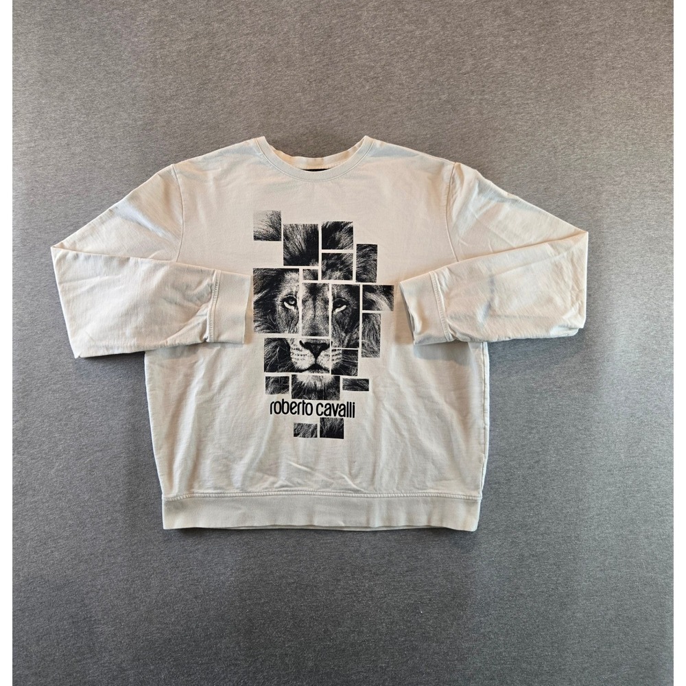 Roberto Cavalli Sweatshirt Womens XL Cream Lion Graphic Boxy Top Pullover Italy